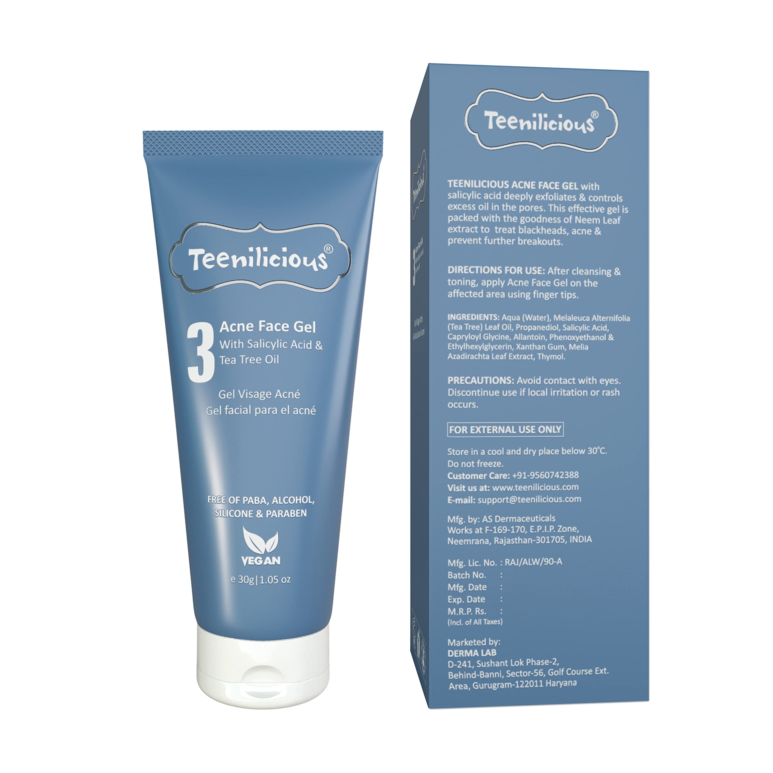Teenilicious Acne Face Gel with 2% Salicylic Acid & Tea Tree Oil - Acne Treatment for Men & Women - Blackhead & Whitehead Remover - Pore Cleanser for Oily Skin - 30g | Daily Skincare Routine for Clear, Healthy Skin
