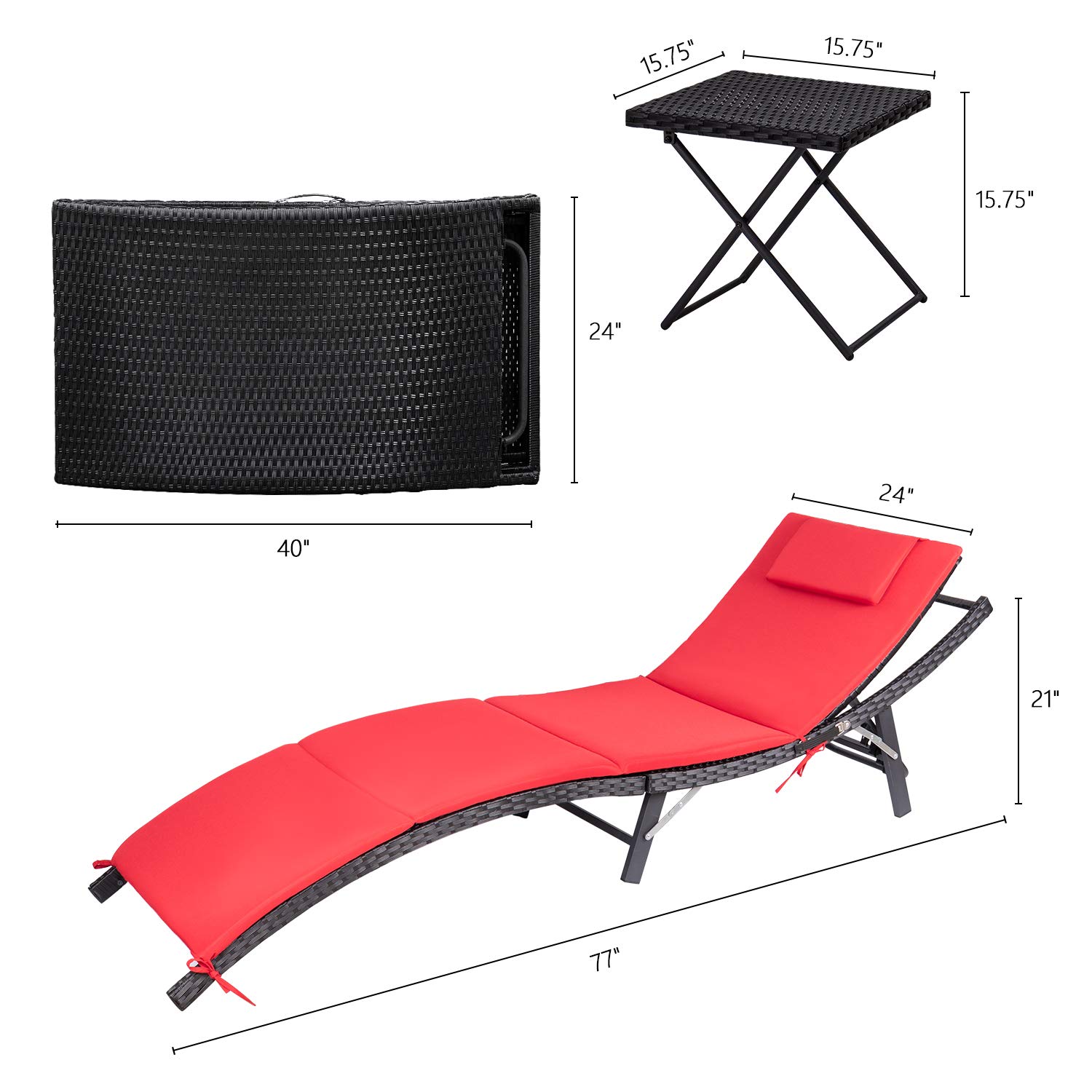 Devoko 3-Piece Outdoor Patio Chaise Lounge Set with Adjustable Back & Folding Table - Rattan Wicker Furniture with Cushions (Red) for Poolside, Garden, Backyard Relaxation