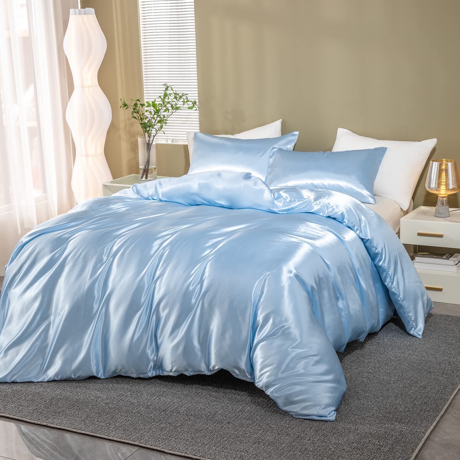 Luxury Satin Duvet Cover Queen Size - Silky Soft Blue Bedding Set with Zipper Closure - 3 Piece Comforter Cover Set (Queen, Blue) for Master Bedroom, Guest Room & Hotel Decor