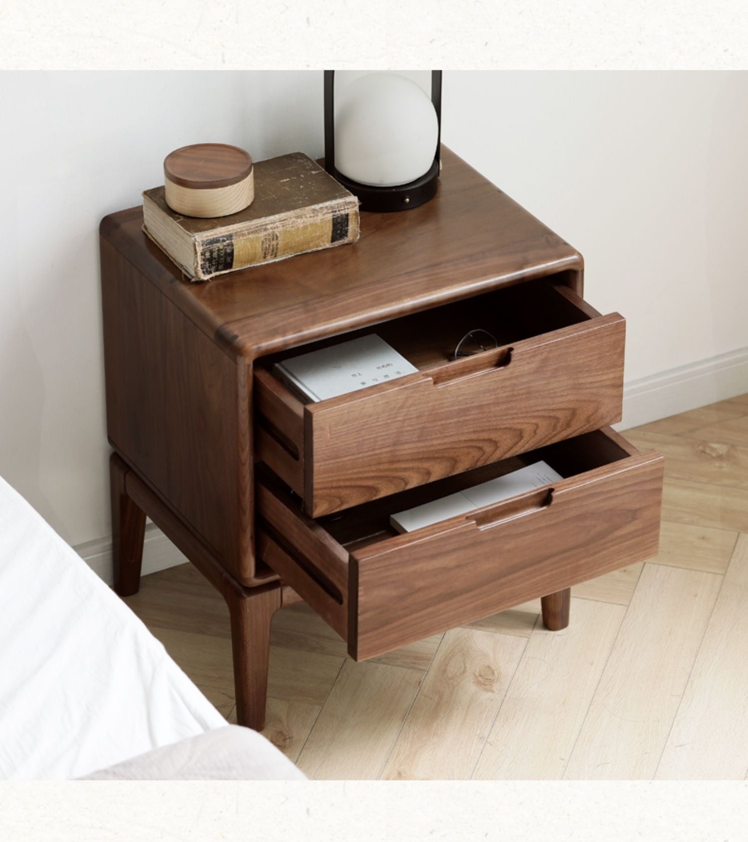 Premium Black Walnut & Ash Solid Wood Nightstand - Modern Nordic Style Bedside Table for Bedroom, Living Room, or Office - Durable & Stylish Furniture with Storage Shelf
