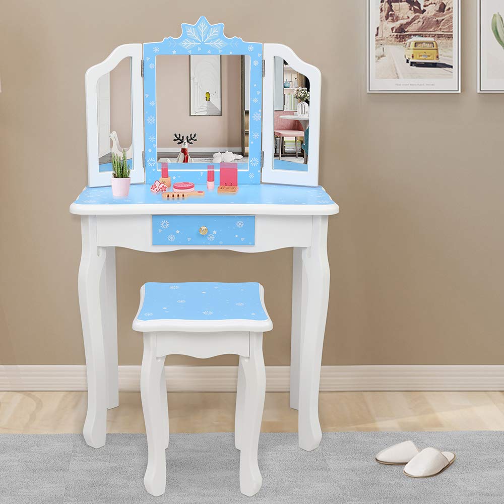 Kids Wooden Vanity Set with Stool - Blue Snow Style Children's Dressing Table with Three-Sided Folding Mirror & Single Drawer for Girls | Perfect for Pretend Play, Birthday Gifts & Bedroom Decor