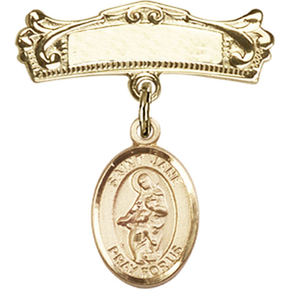 Gold Filled Baby Badge with St. Jane of Valois Charm - 7/8 X 3/4 Inch Arched Polished Pin for Christening, Baptism & First Communion Gifts