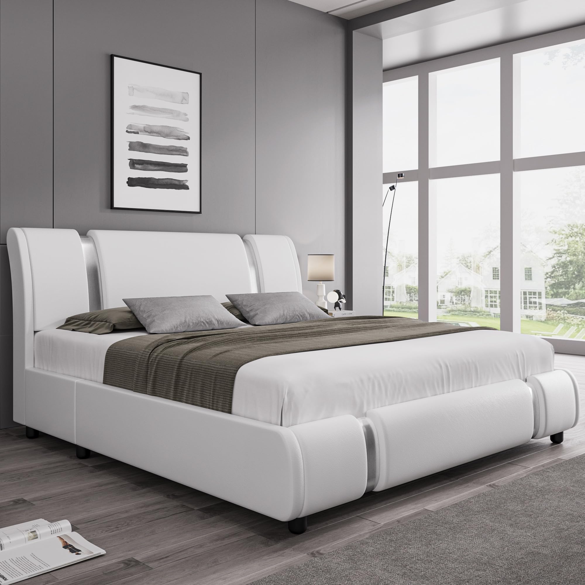 Keyluv Modern Faux Leather Queen Size Platform Bed Frame with Mirror Metal Headboard - Curved Design, Wooden Slats Support, No Box Spring Needed - Perfect for Contemporary Bedrooms, Guest Rooms & Small Spaces (White)