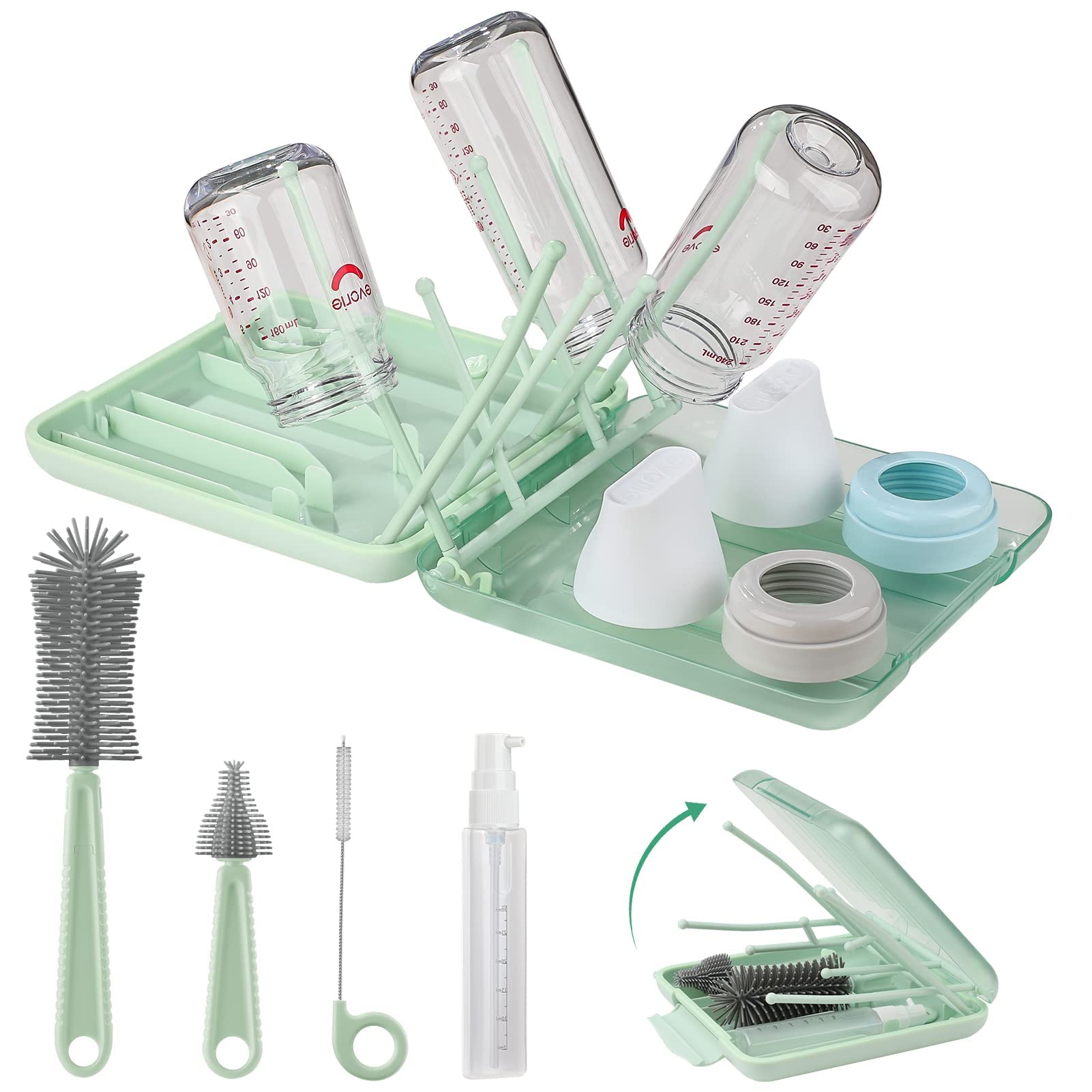 6 in 1 Baby Bottle Cleaning Brush Set with Travel Drying Rack - 360° Cleaning Brush, Nipple Brush, Straw Cleaner, Soap Dispenser & Organizer Case - Essential Newborn Feeding Supplies for Home, Travel & Daycare (Green)