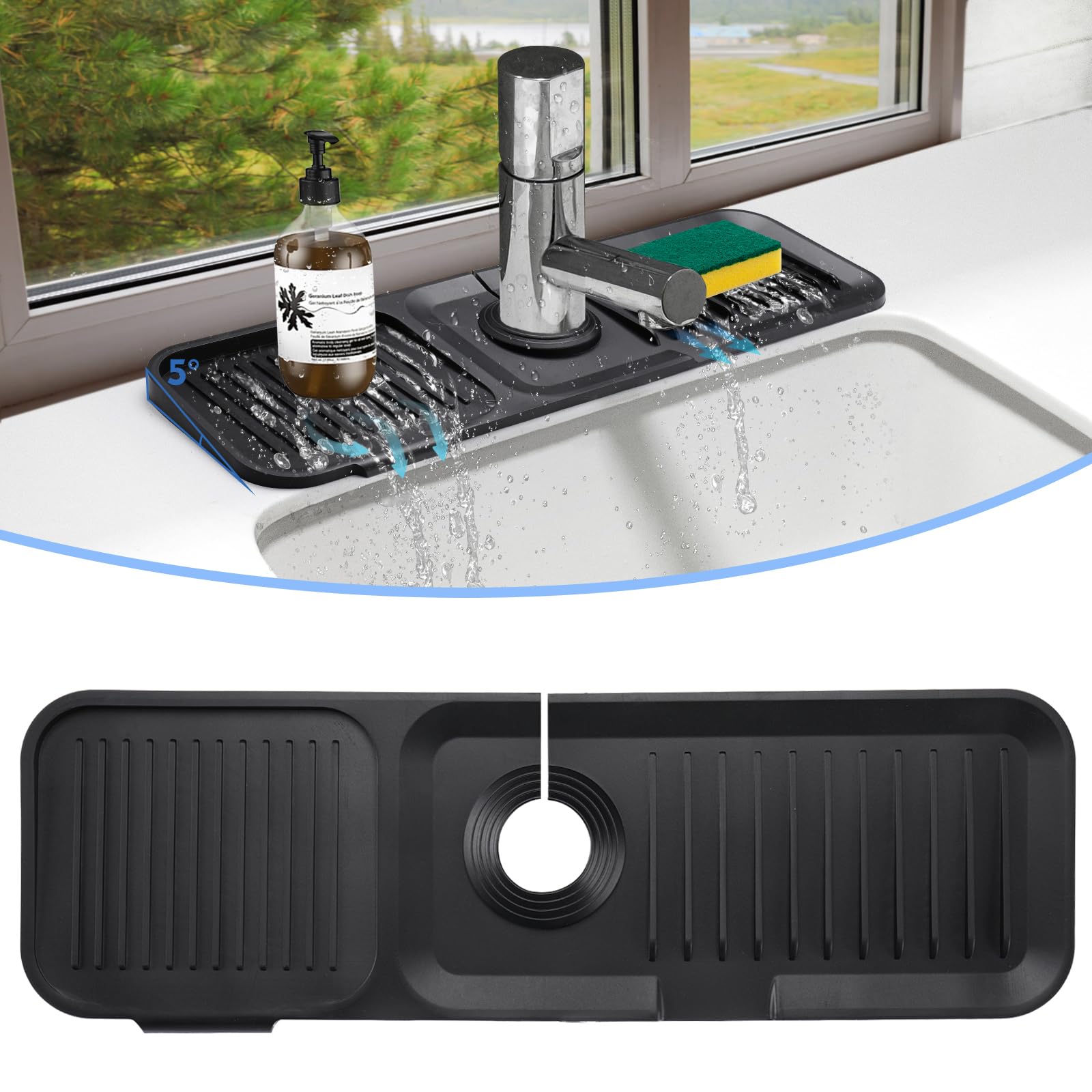 5° Slope Silicone Sink Splash Guard - Kitchen Drain Mat & Sponge Holder for RV Counter