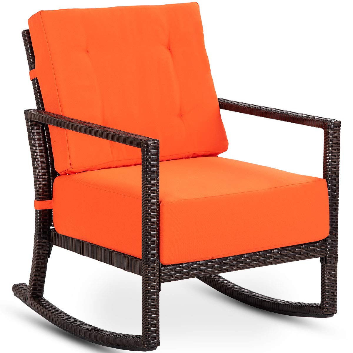 Tangkula Orange Rattan Rocking Chair - Outdoor Patio Rocker with Cushion, Weather-Resistant Wicker Armchair for Garden, Porch & Backyard Relaxation