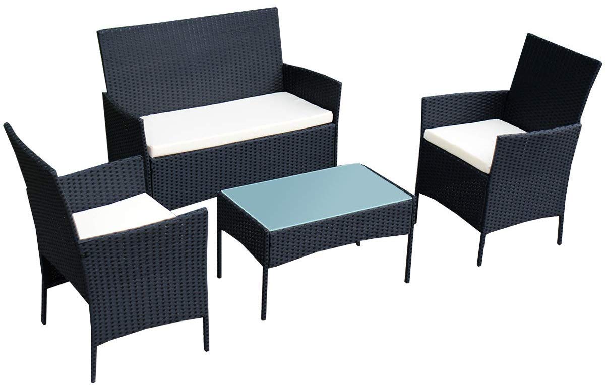 Casart 4-Piece Rattan Patio Furniture Set with Glass Top Coffee Table & Removable Cushions - Outdoor Wicker Sofa Set for Garden, Lawn, Poolside & Backyard Relaxation