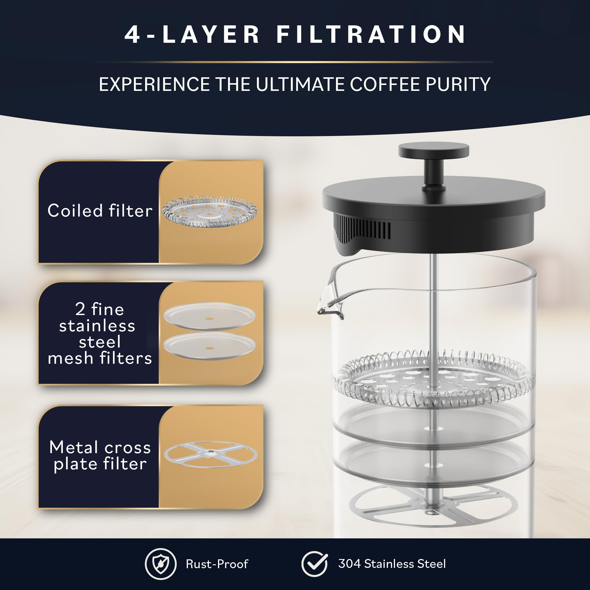 Premium French Press Coffee Maker - 34 oz Borosilicate Glass Coffee Press with Bamboo Handle, 4-Layer Stainless Steel Filter, Heat Resistant for Home, Office & Camping Use - Black