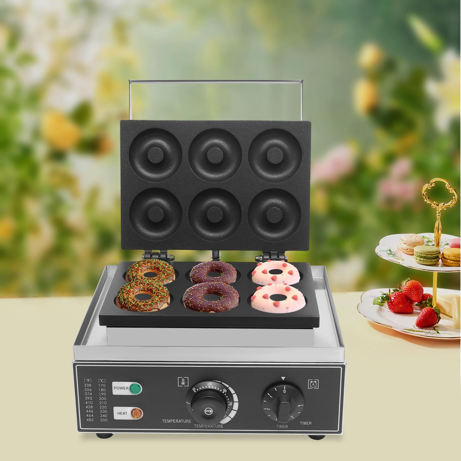 Commercial Stainless Steel Donut Maker Machine - 6Holes Double-Sided Electric Pancake & Waffle Baker with Non-Stick Surface, Time & Temperature Control (1550W) - Perfect for Bakeries, Breakfast Stores, Supermarkets, and Home Kitchens