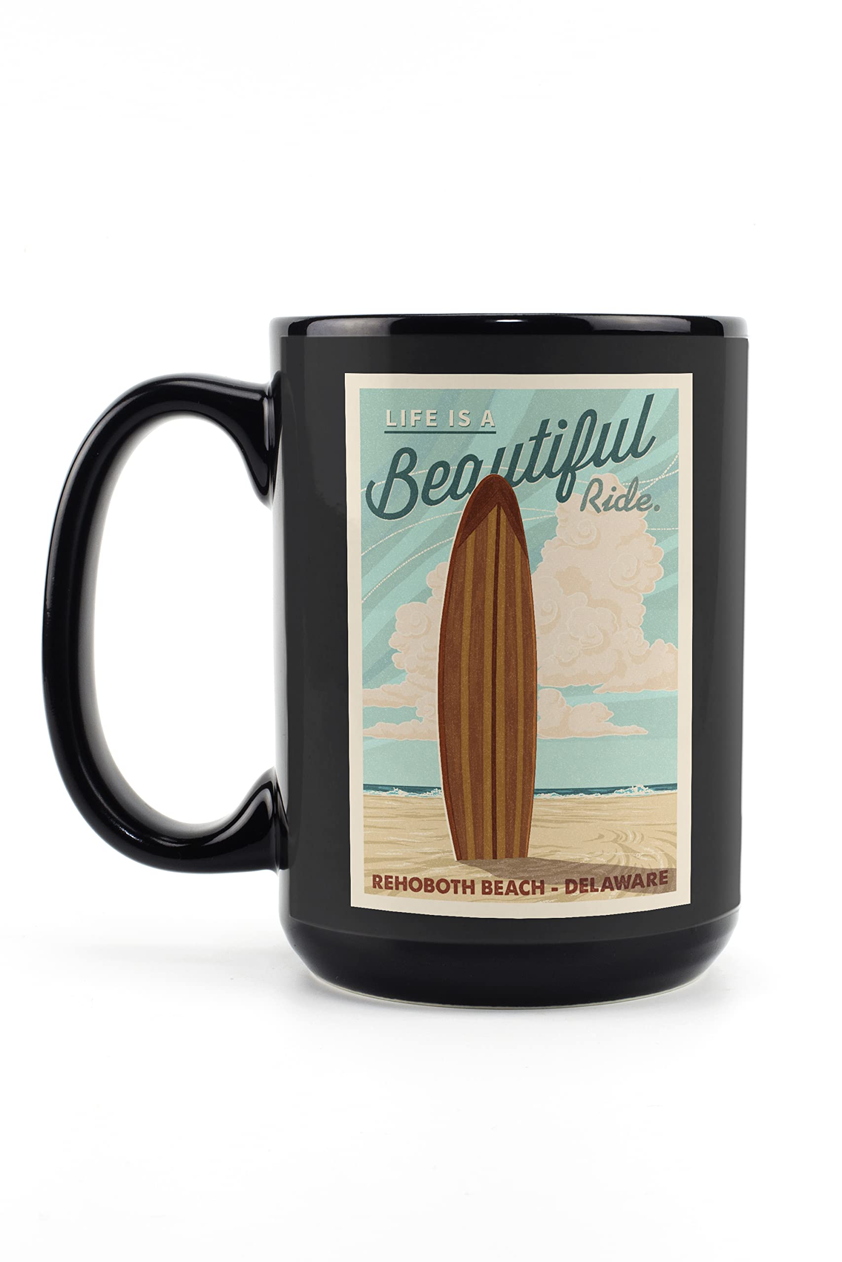Rehoboth Beach Delaware Surfboard Design 15oz Black Ceramic Coffee Mug - Dishwasher & Microwave Safe - Perfect for Beach Lovers, Coffee Enthusiasts & Office Use