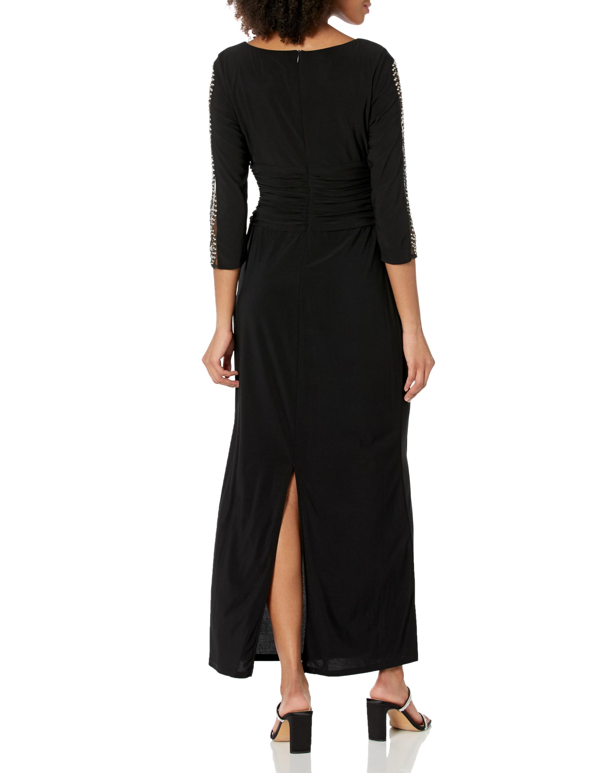 Elegant Women's Long Formal Evening Dress with Ruched Waist & Beaded Illusion Sleeves - Petite & Regular Sizes | Perfect for Prom, Gala & Black Tie Events