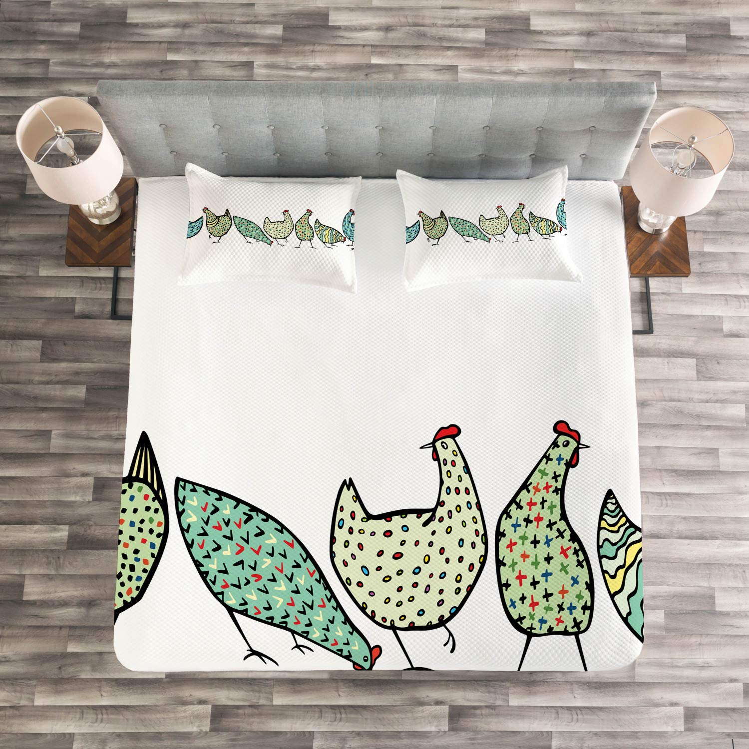 Ambesonne King Size Chicken Bedspread Set - Farm Animal Geometric Print Quilted 3-Piece Coverlet with 2 Pillow Shams, Pale Green & White - Perfect for Farmhouse, Country & Rustic Bedroom Decor