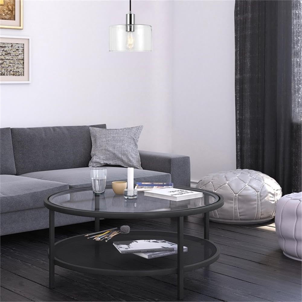 Black Metal Rectangular Mesh Shelf with Glass Top Coffee Table - Modern Living Room Furniture for Home Decor & Storage