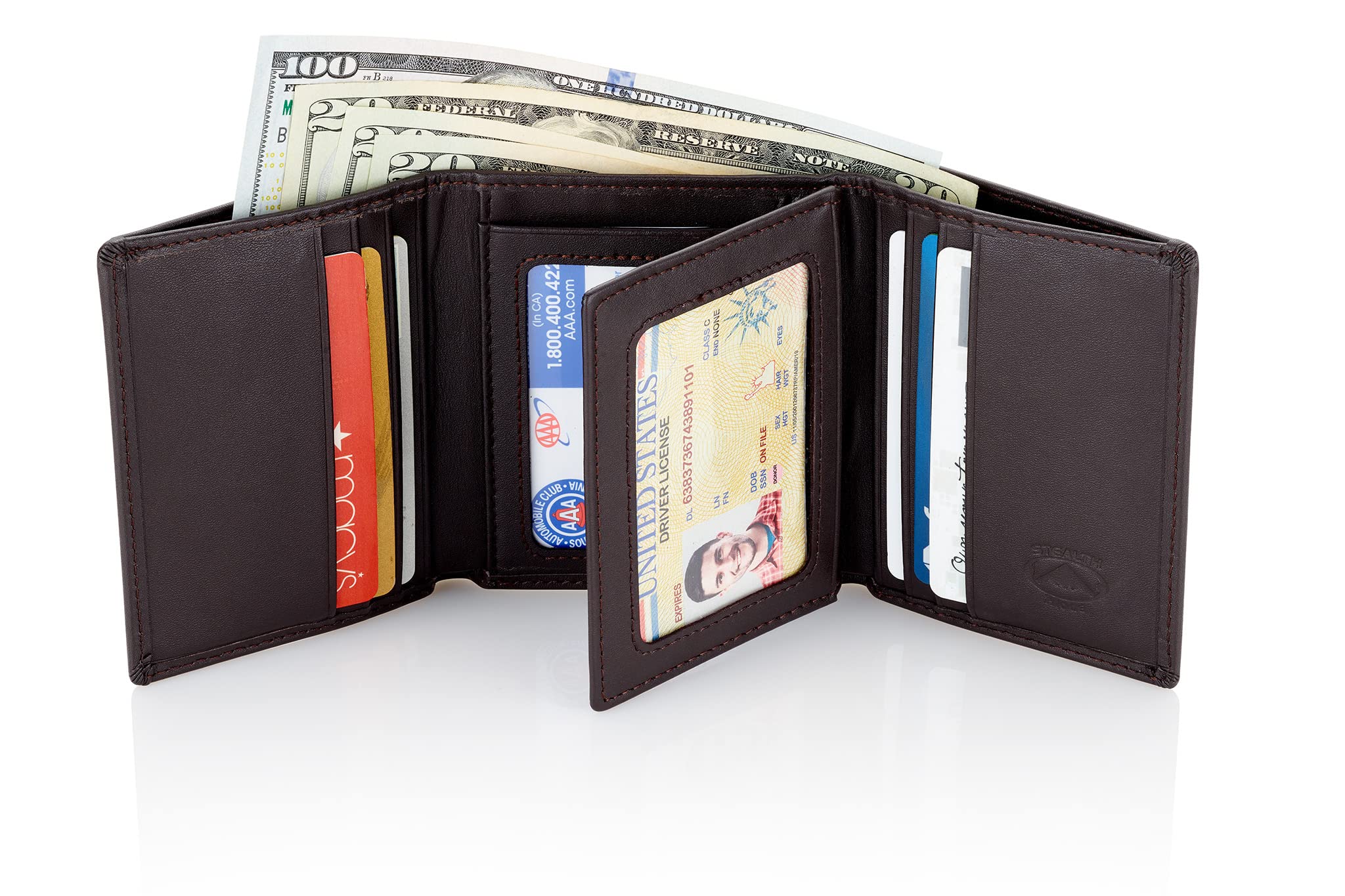 Stealth Mode Leather RFID Blocking Trifold Wallet for Men - Flip Out ID Holder & Card Slots - Premium Coffee Brown - Perfect for Travel, Business & Everyday Use
