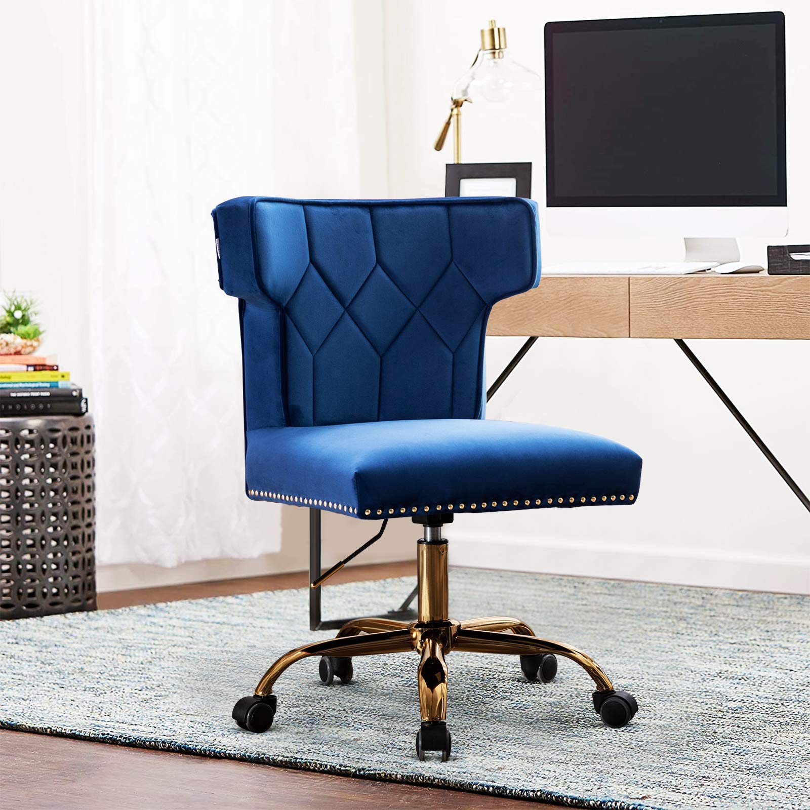 Modern Velvet Home Office Chair - Adjustable Swivel Desk Chair with High Back & 360° Gold Wheels - Ergonomic Computer Chair for Living Room, Bedroom, Office (Blue) - Perfect for Work from Home, Gaming & Study Sessions