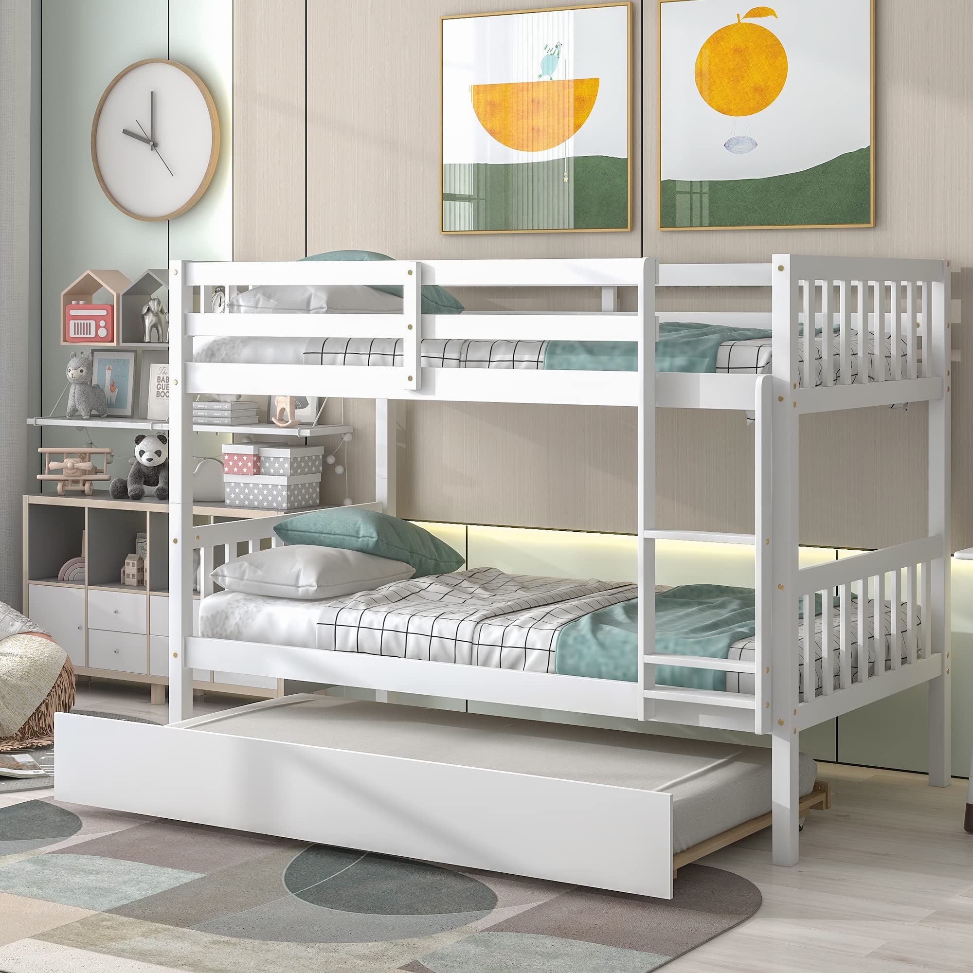 Olela Solid Wood Twin Over Twin Bunk Bed with Trundle for Kids & Teens - Convertible to 2 Separate Beds - White (Model Bunk Bed-016) - Perfect for Small Bedrooms, Guest Rooms & Shared Kids' Spaces