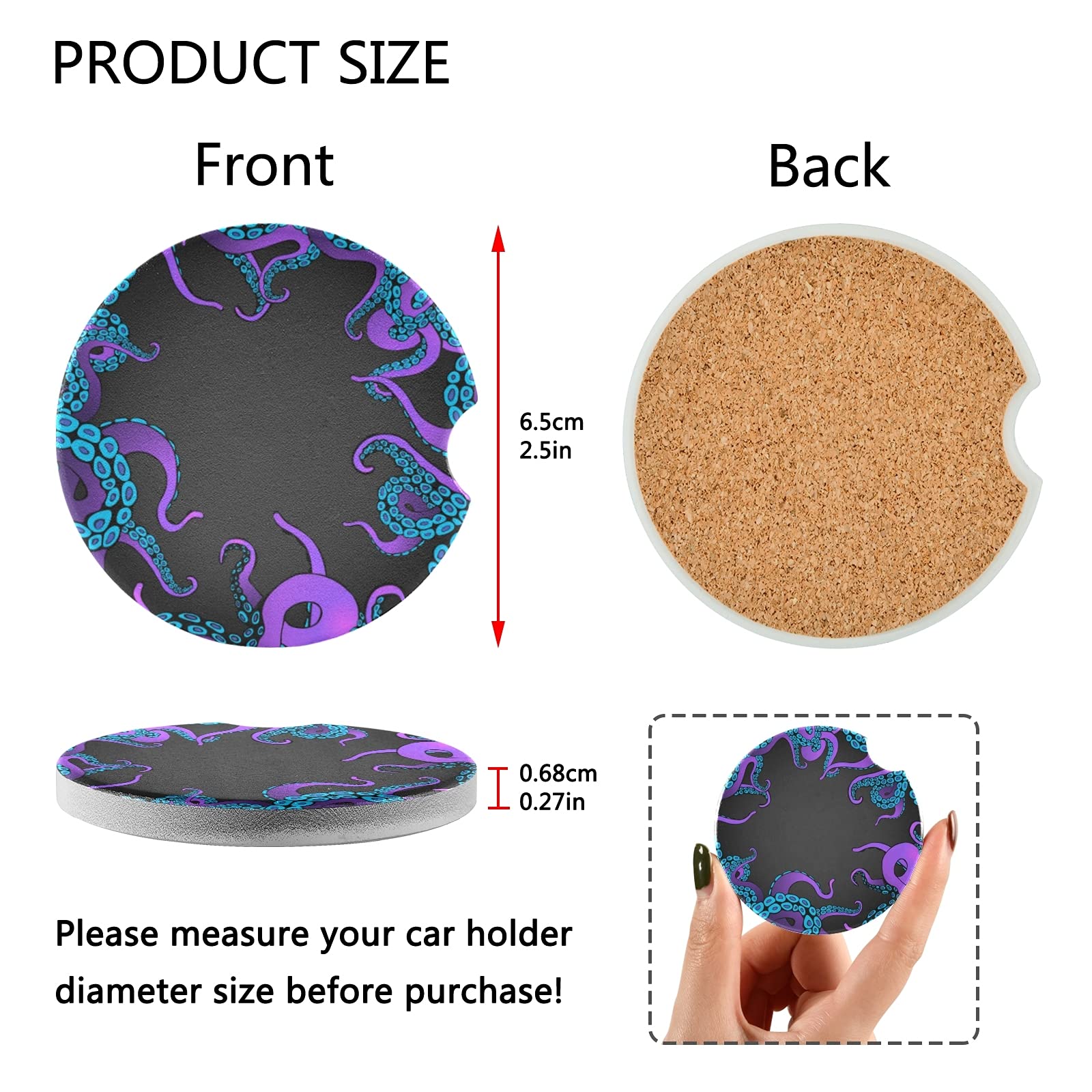2 Pack Absorbent Ceramic Car Cup Holder Coasters - Cute Cartoon Octopus Design with Fingertip Grip (2.5 Inch) - Perfect for Coffee, Soda & Drinks in Car, Office or Home Use