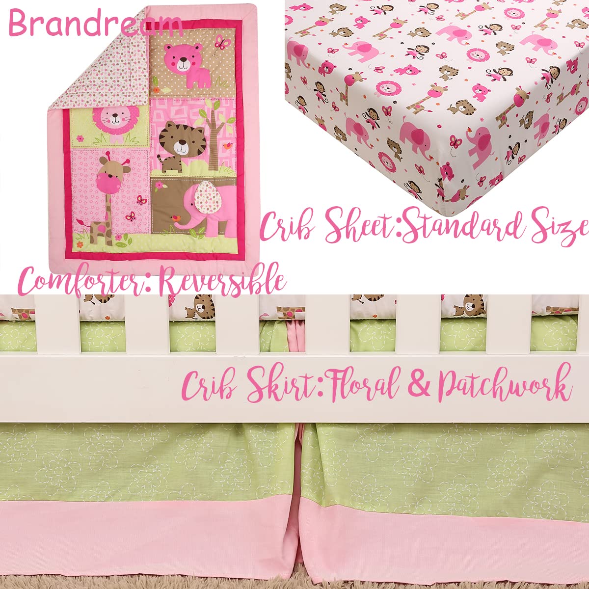Brandream 3-Piece Baby Girl Crib Bedding Set | Pink Jungle Nursery Collection with 3D Elephant, Lion & Zoo Animals - Soft Cotton Crib Sheets for Nursery Decor & Baby Shower Gifts