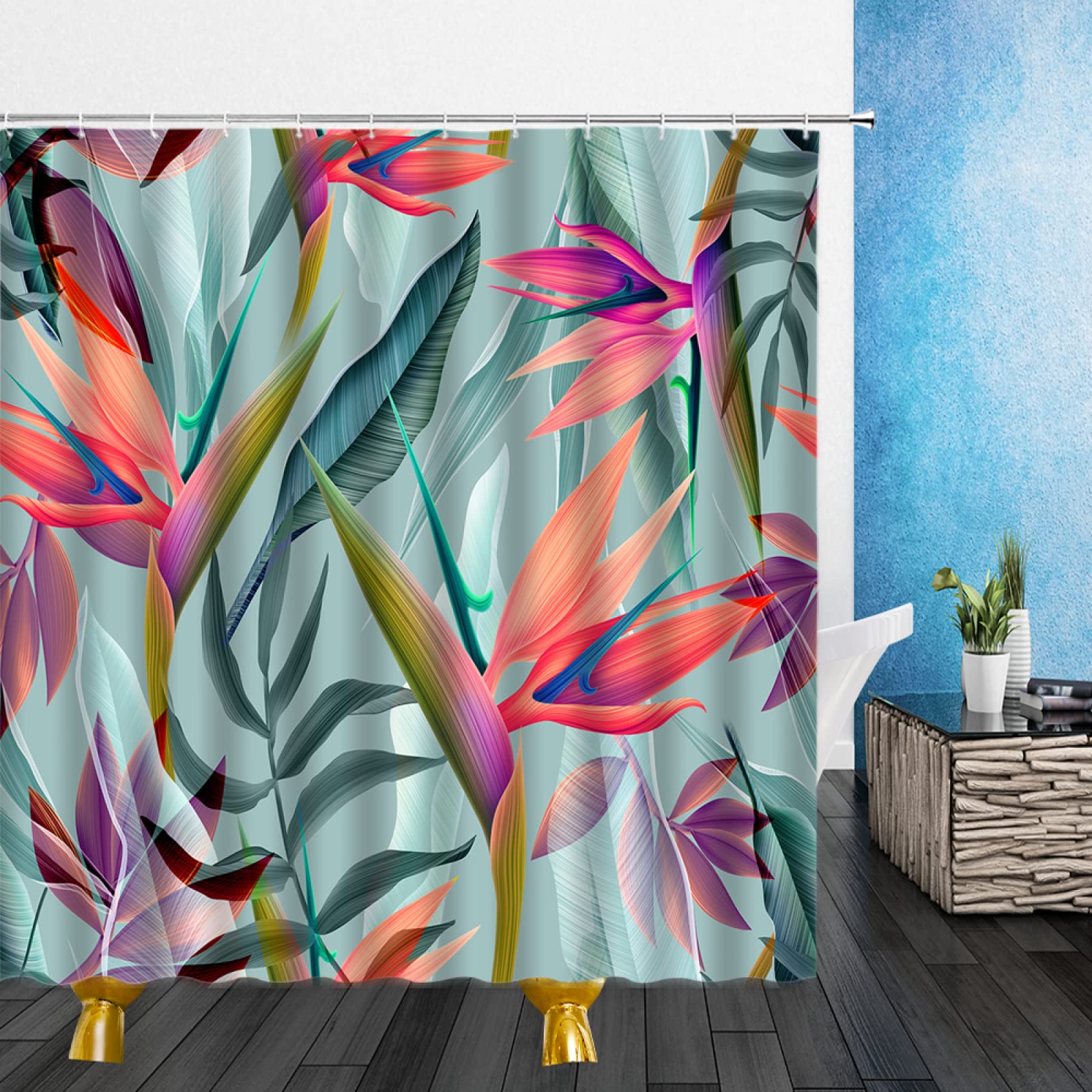 Extra Long Waterproof Shower Curtain - 71x71 Inch Green Tropical Leaves Print Bathroom Decor | Polyester Fabric for Bath & Shower | Perfect for Spa-Like Retreats & Coastal Themed Bathrooms