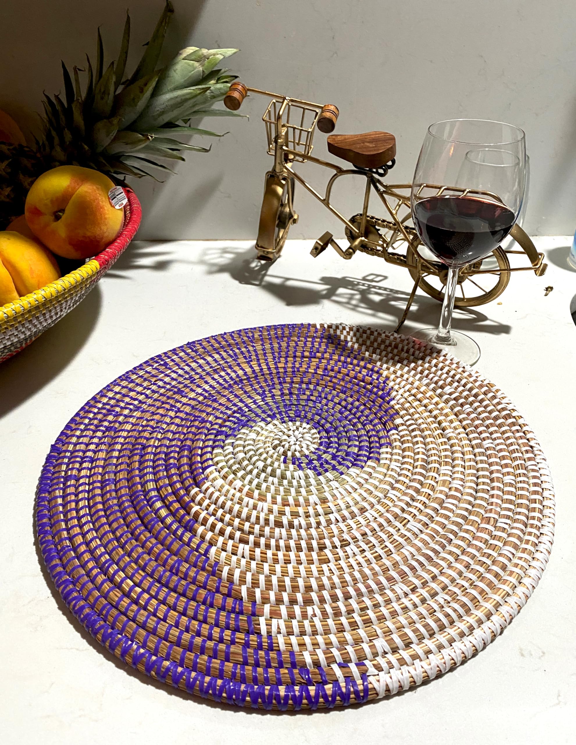 Handwoven African Bohemian Seagrass Placemats - Natural Round Wicker Basket Plates for Dining Table Decor | Purple & White Decorative Hanging Wall Plates | Perfect for Boho Chic Home, Farmhouse Kitchen & Coastal Style Decor