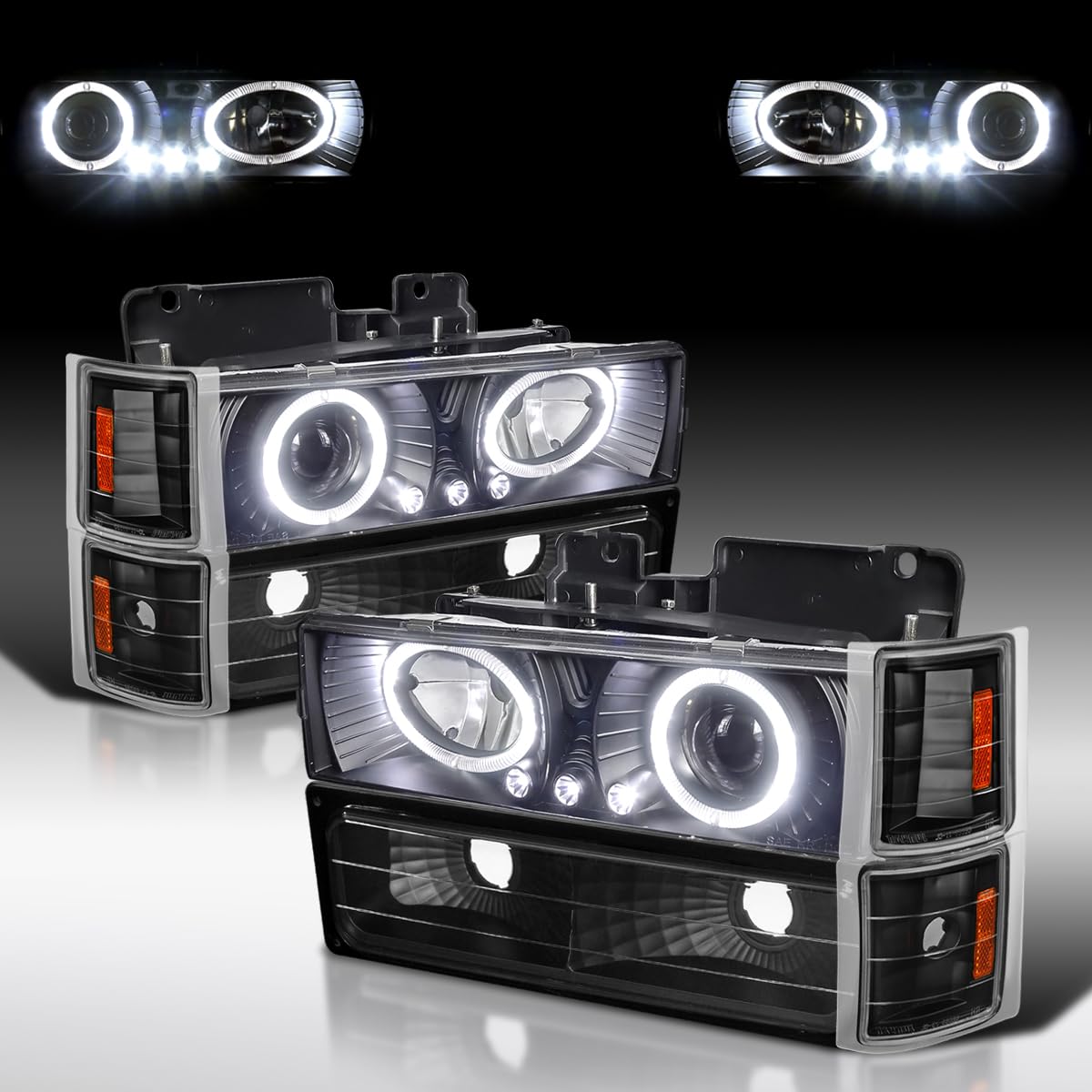 AUTOZENSATION LED Halo Black Projector Headlights Assembly for 1994-1998 Chevy C10 C/K 1500/2500/3500, Tahoe, Suburban - Left & Right Pair with Bumper Lights & Corner Lights | Durable Replacement for Improved Night Visibility & Off-Road Driving