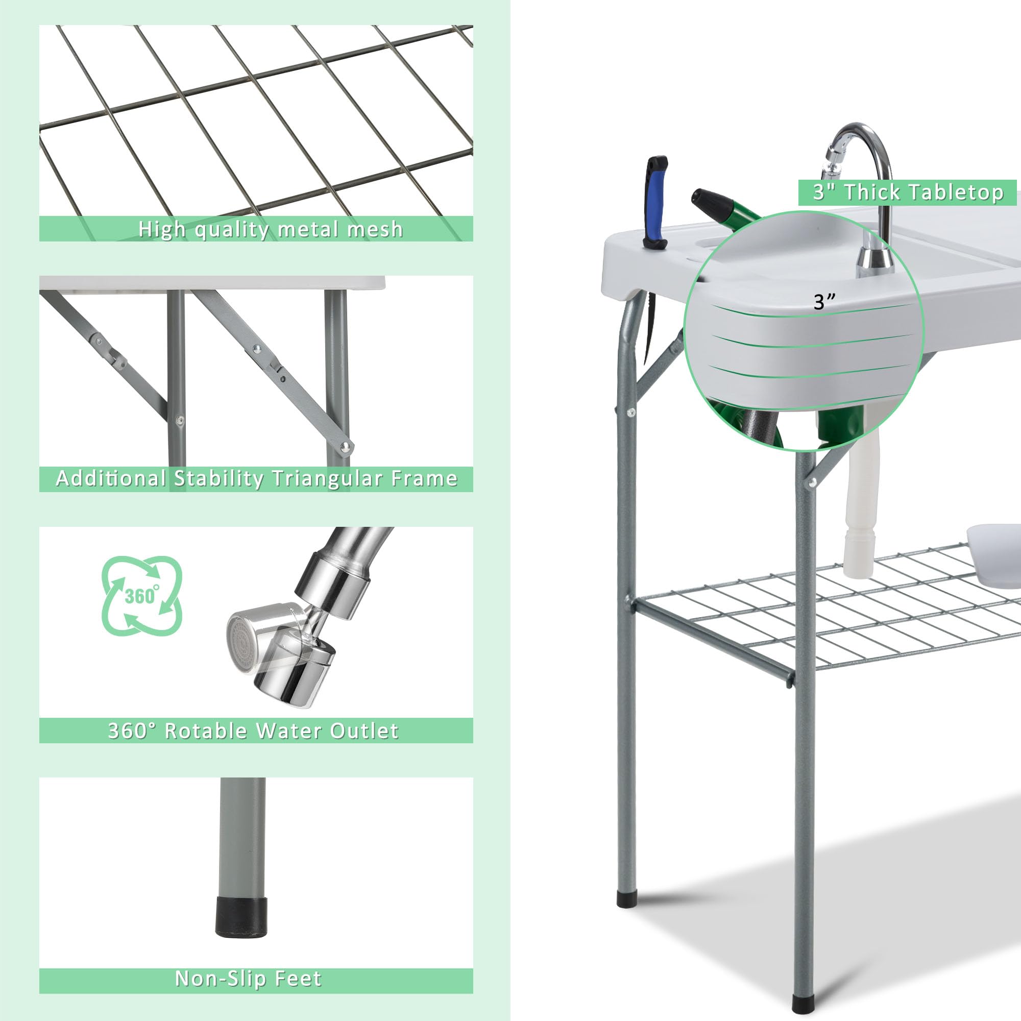 Dragosum Portable Outdoor Sink & Fish Cleaning Table with Faucet, Hose Hook & Grid Rack - Includes 7pc Fish Cleaning Kit - Perfect for Camping, Picnics, Beach, Patio & Backyard Use (Grey)