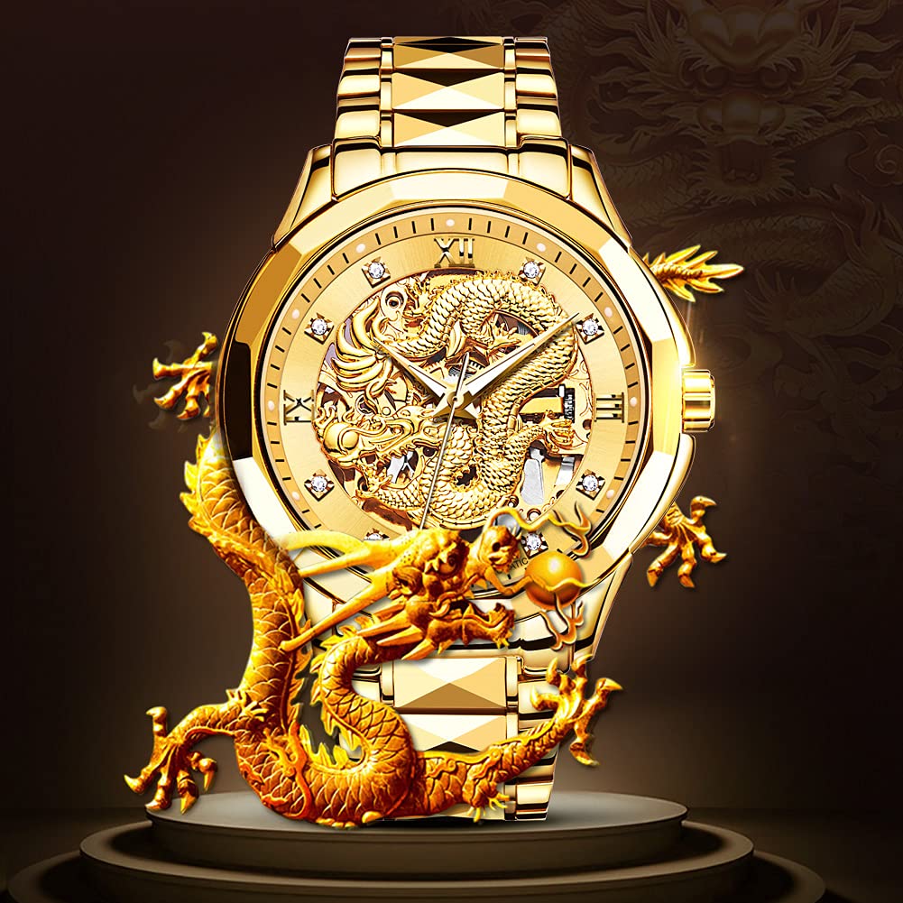 OLEVS Men's Gold Automatic Skeleton Mechanical Watch with Dragon Design - Luxury Tungsten Steel Business Dress Watch, Luminous Hands, 160FT Waterproof, Diamond Accents - Perfect for Formal Events, Business Meetings & Special Occasions