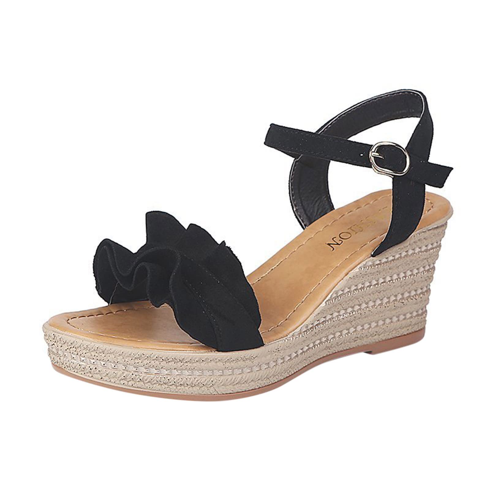 Women's Retro Blue Peep Toe Sandals with Buckle Strap - Comfortable Summer Wedge Sandals for Beach, Vacation & Casual Outings
