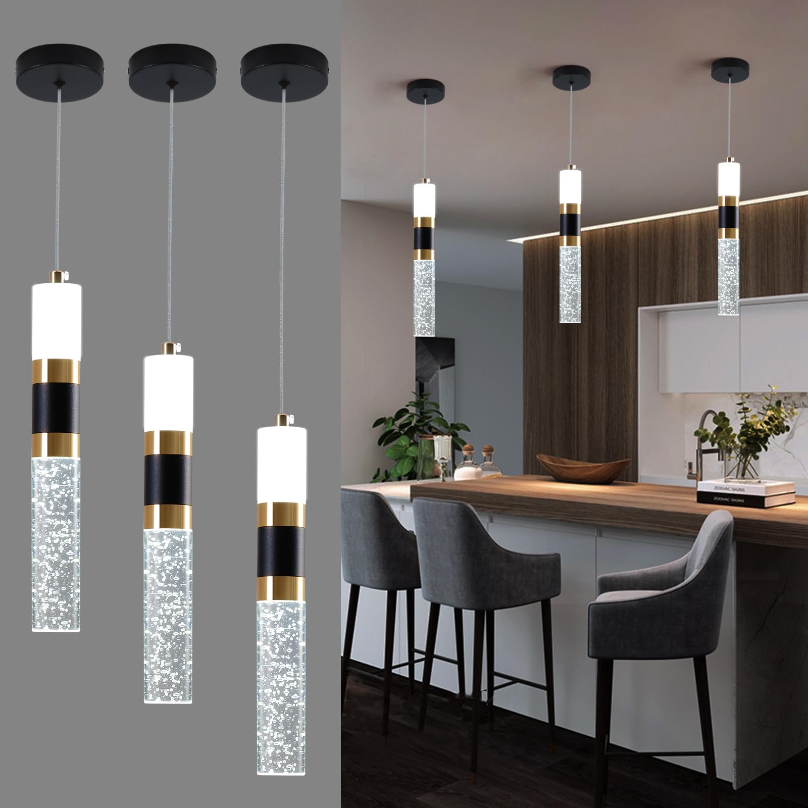 Modern Dimmable LED Pendant Lights for Kitchen Island - 3 Pack Mini Hanging Lights with Adjustable Brightness - Perfect for Dining Room, Bar Counter, and Breakfast Nook Lighting