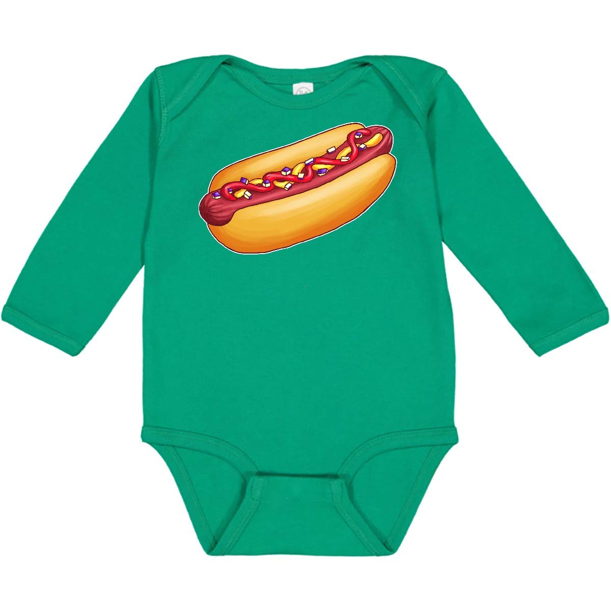 Inktastic Hot Dog Graphic Tee - Long Sleeve Creeper with Mustard & Onions Design - Comfortable Casual Shirt for Dog Lovers, BBQ Parties & Foodie Outfits