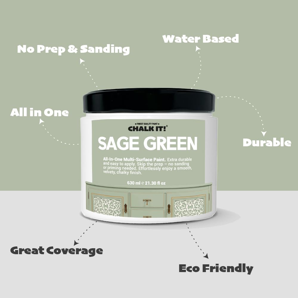 Self-Sealing Multi-Surface Paint for Furniture, Cabinets, Ceramic Tiles - No Prep, No Sanding, No Wax Needed - Durable All-in-One Home Decor Paint (Sage Green) - Perfect for DIY Home Renovation, Kitchen Cabinet Makeover & Bathroom Tile Updating