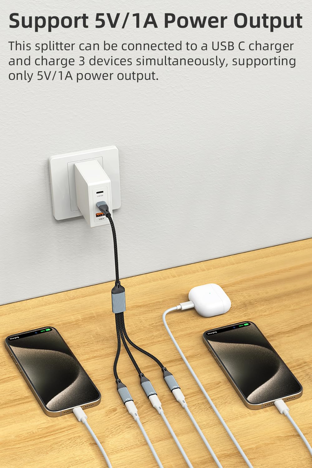 1-in-3 USB C Splitter Adapter - USB C Male to 3 USB C Female OTG Cable with Headphone Jack - Compatible with iPhone 16/15, iPad, MacBook, Galaxy S24/S23 - Perfect for Charging, Data Transfer & Audio Listening