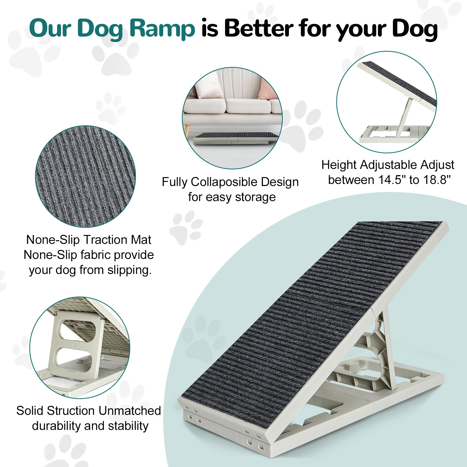 Foldable Indoor Dog & Cat Ramp for Small/Medium Pets - Adjustable Height Pet Stairs with Non-Slip Carpet - Perfect for Couches, Sofas, Beds & Chairs (Grey) - Ideal for Elderly Pets & Post-Surgery Recovery