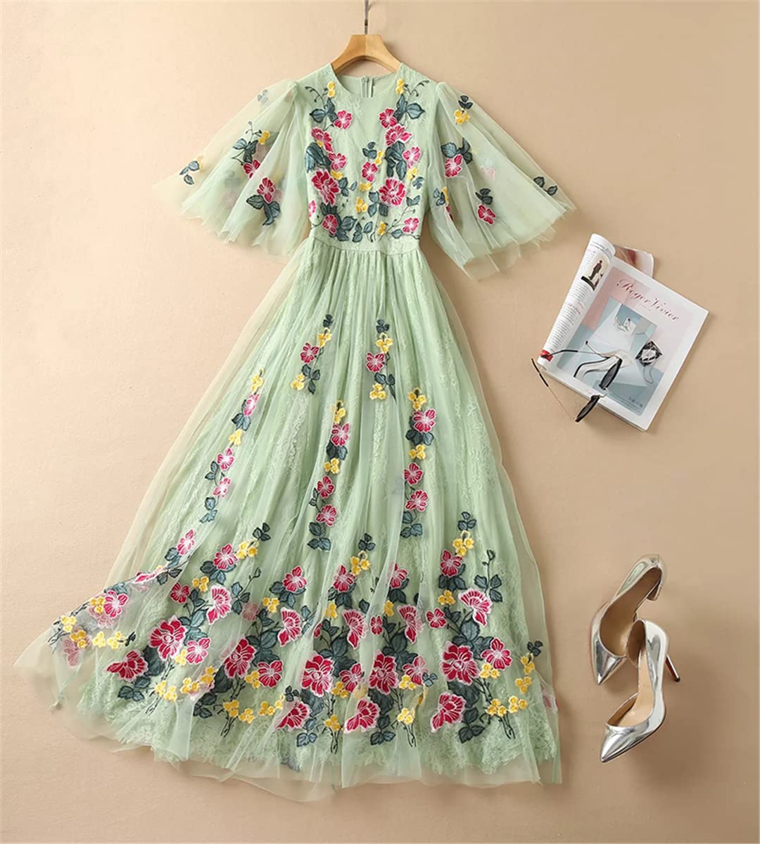 Elegant Green Floral Embroidered Mesh Maxi Dress for Women - Flare Sleeve Party Gown for Evening Events, Weddings & Special Occasions