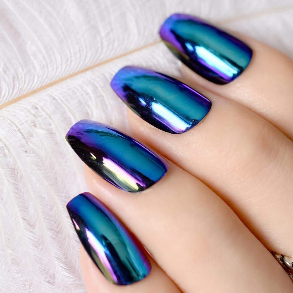 Chrome Ballerina Coffin False Nails - Holographic Blue Purple Mirror Reflection Tips for Long Lasting Wear | Perfect for Parties, Weddings, and Special Events