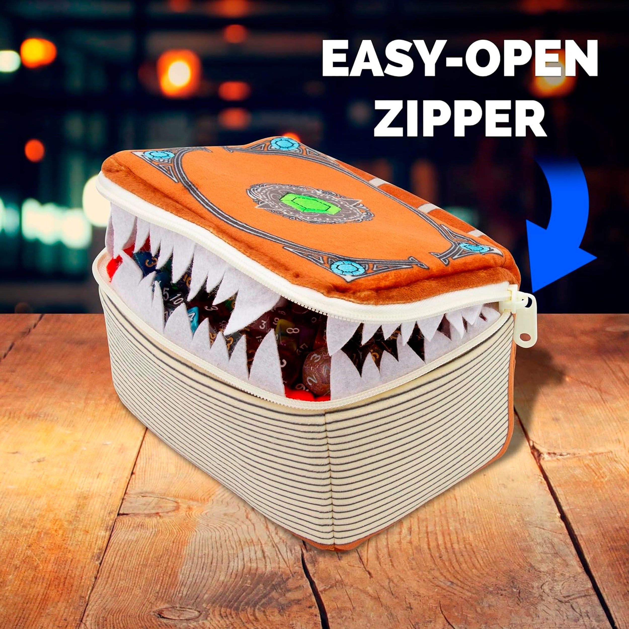 CASEMATIX Mimic Tome Dice Chest - Premium Dice Storage Case with 7 RPG Dice Sets, Plush Zipper Dice Bag & Carabiner - Holds 250 D&D Tabletop Dice - Perfect for Dungeons & Dragons, Pathfinder & TTRPG Game Nights