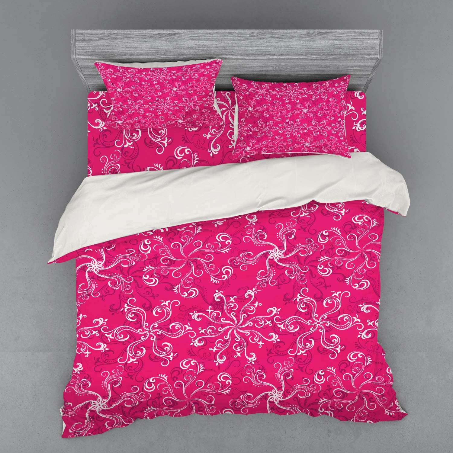 Ambesonne King Size 4-Piece Duvet Cover Set - Hot Pink Floral Pattern with White & Purple Blooms, Includes Shams & Fitted Sheet | Perfect for Spring Bedroom Decor, Guest Room Makeover & Boho Chic Home Styling