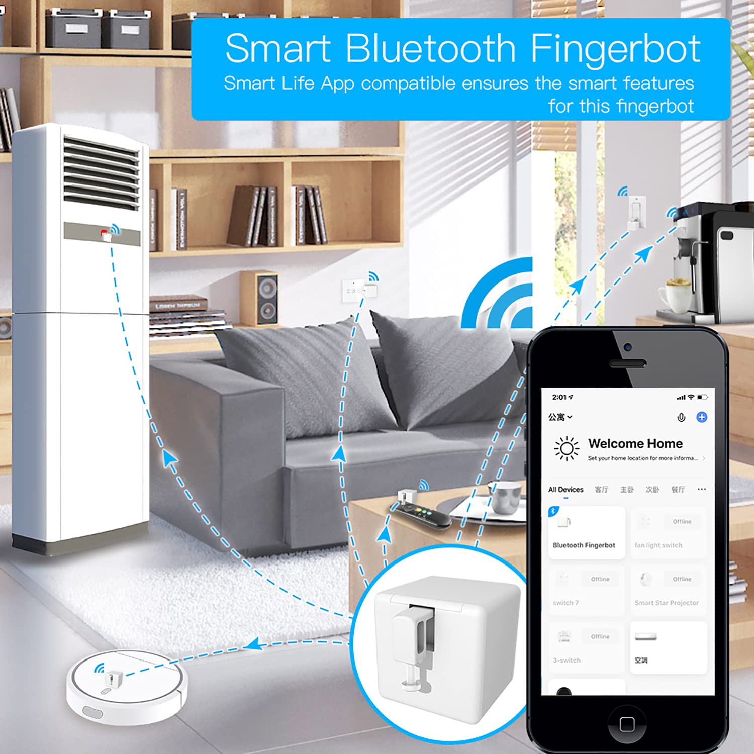 Smart Switch Button Pusher - Wireless App & Timer Control, No Wiring Bluetooth Fingerbot for Light Switch, Doorbell, Coffee Maker, Fan - Works with Alexa & Google Home (White) | Perfect for Smart Homes, Office Automation & Hands-Free Control