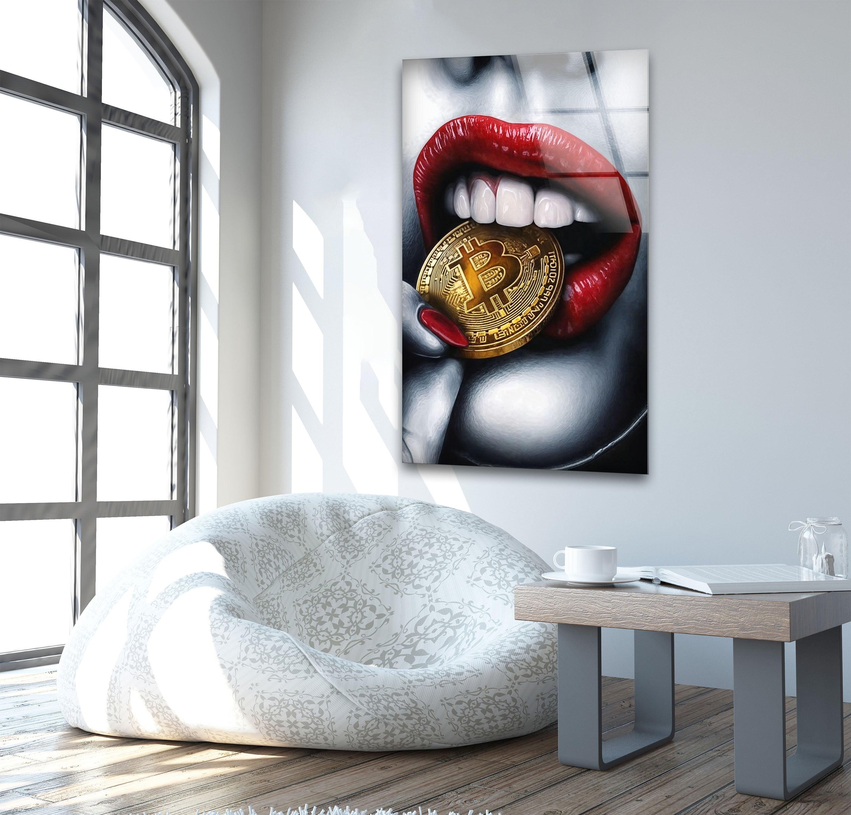 Bitcoin & Red Lips Glass Wall Art - Modern Crypto Themed Home Decor for Living Room, Bedroom or Office - Unique Gift Idea for Bitcoin Enthusiasts
