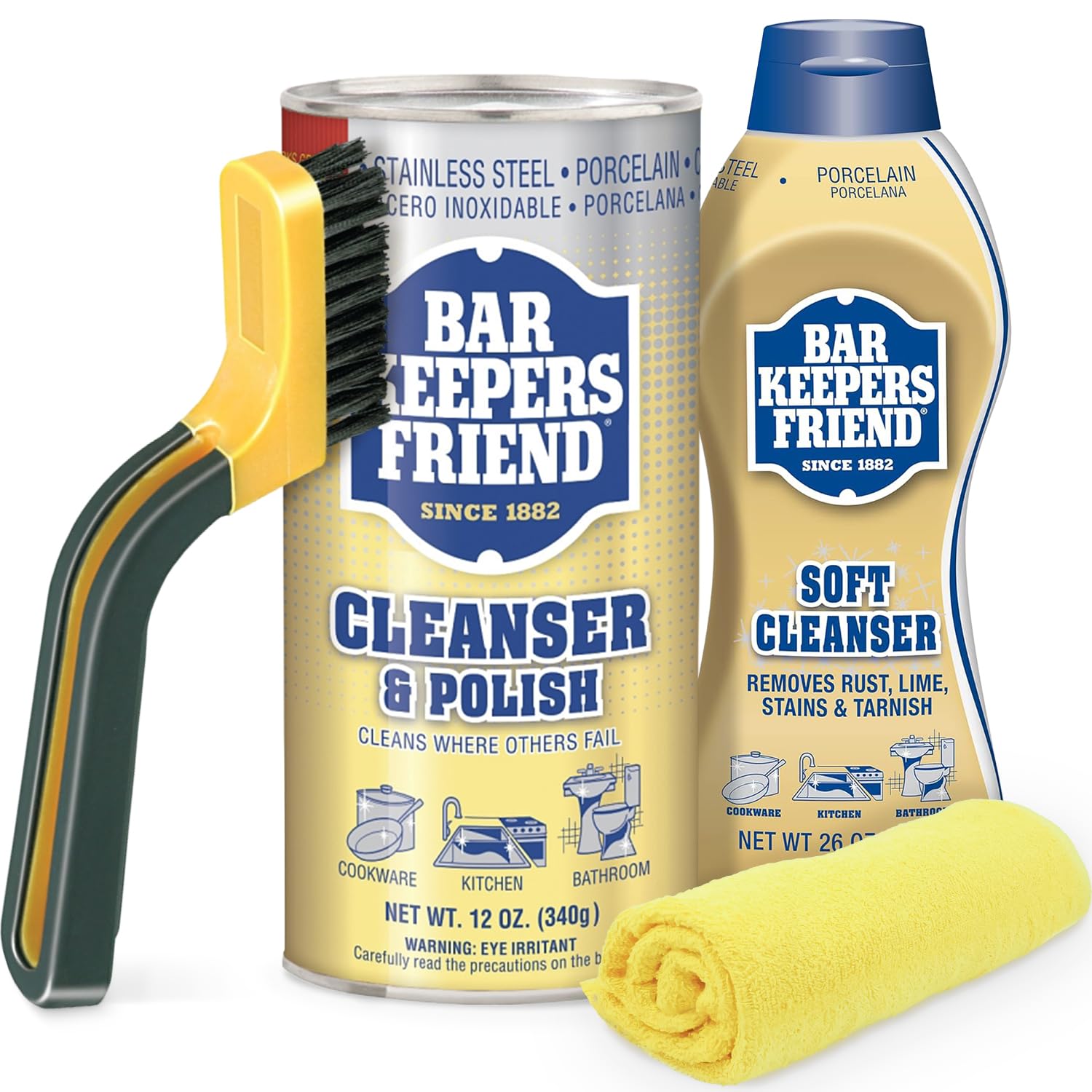 Plexon Barkeeper's Friend Soft Cleanser 26oz & Cleanser Powder 12oz - Multipurpose Kitchen & Bathroom Cleaner, Rust Stain Remover with Grout Brush & Microfiber Towel - Perfect for Stainless Steel, Sinks, Tiles & Cookware Cleaning
