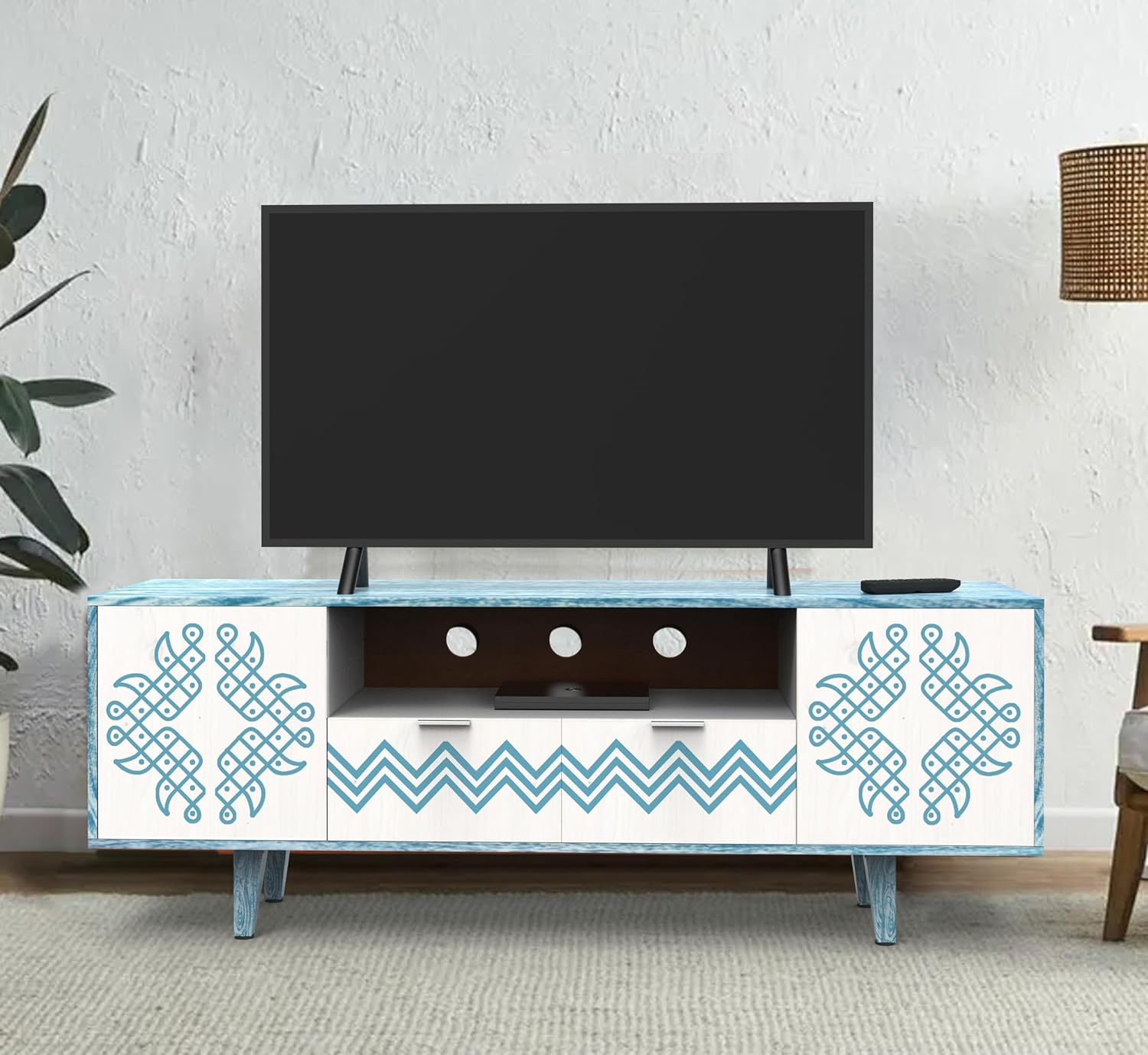 Corsica Verve Mango Wood TV Stand Console Table with Storage - Textured White and Blue Finish - Modern Living Room Furniture for TV Entertainment Center & Media Storage