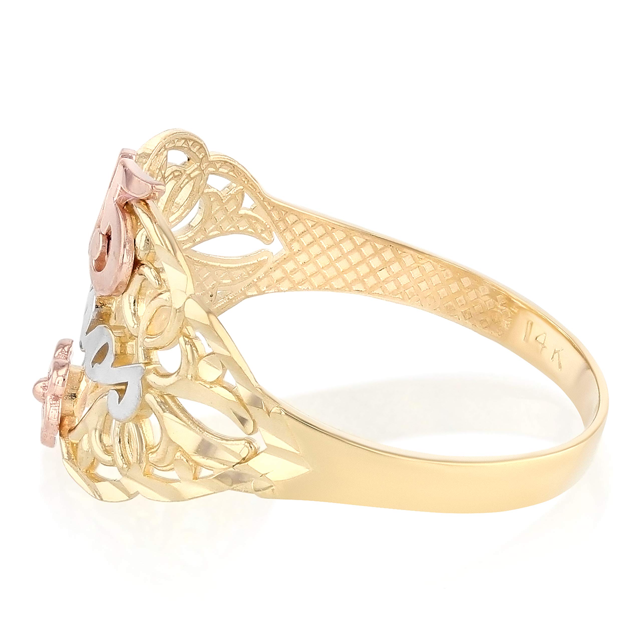 14K Solid Tri-Color Gold Sweet 15 Anos Flower Ring - Elegant Quinceanera Birthday Gift for Girls, Perfect for 15th Birthday Celebrations, Parties & Special Occasions