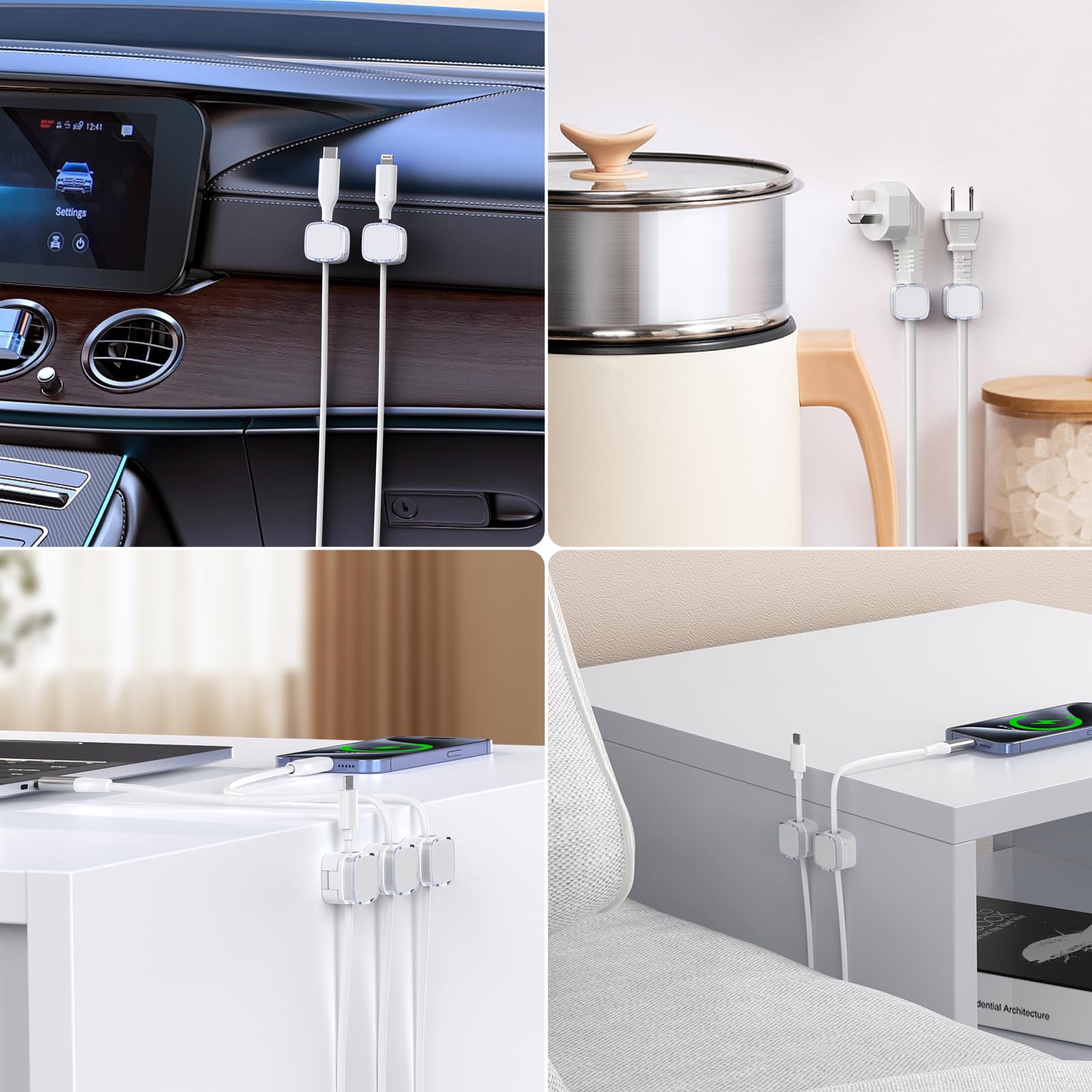 6 Pack Magnetic Cable Clips - Strong Adhesive Cord Organizer for Desk, Nightstand, Kitchen, Car & Office - Clear White Wire Keepers for Phone Chargers, Headphones & Appliances