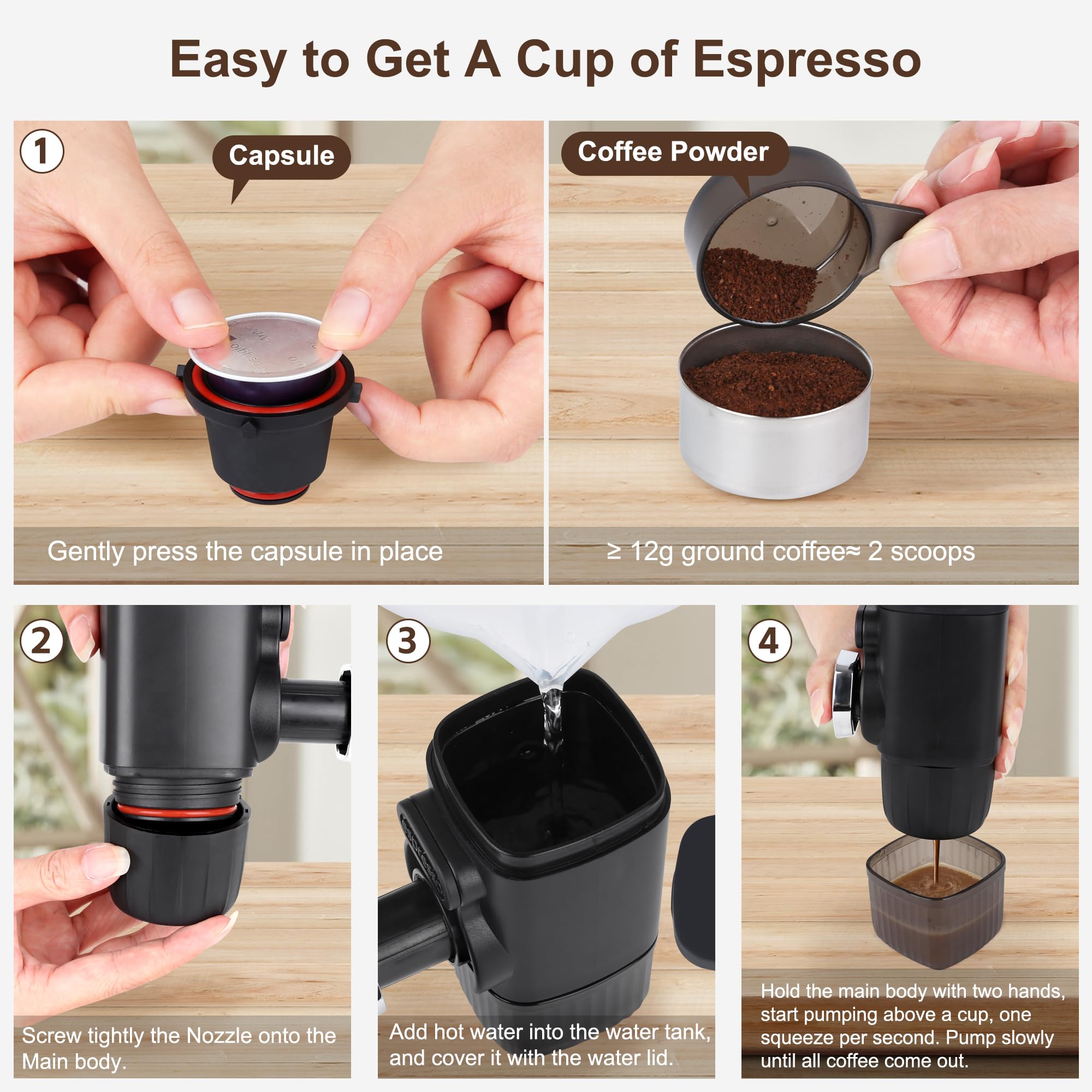 Mini Espresso Machine | Portable Manual Coffee Maker with 18 Bar Pressure | Compatible with Capsules & Ground Coffee | Compact Travel & Camping Espresso Maker | Perfect for Home, Office, Outdoor Adventures & Gifts