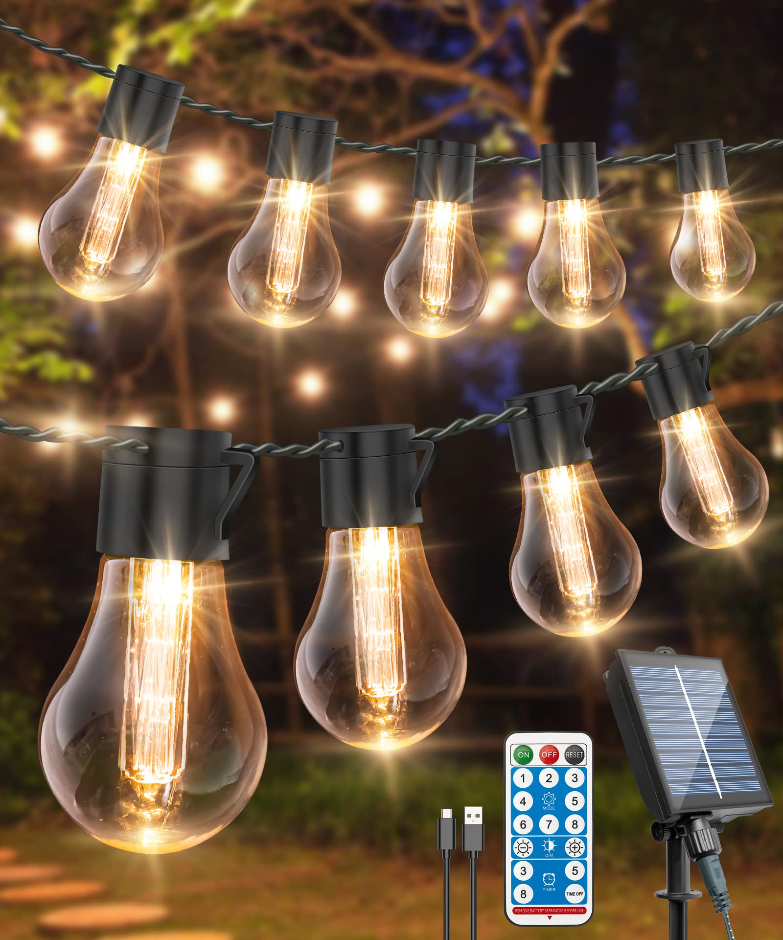 46FT Solar String Lights Outdoor with Remote - 30 LED Shatterproof Bulbs, USB & Solar Powered, 8 Lighting Modes, IP65 Waterproof - Perfect for Garden, Patio, Gazebo, Wedding & Party Decorations (Warm White)