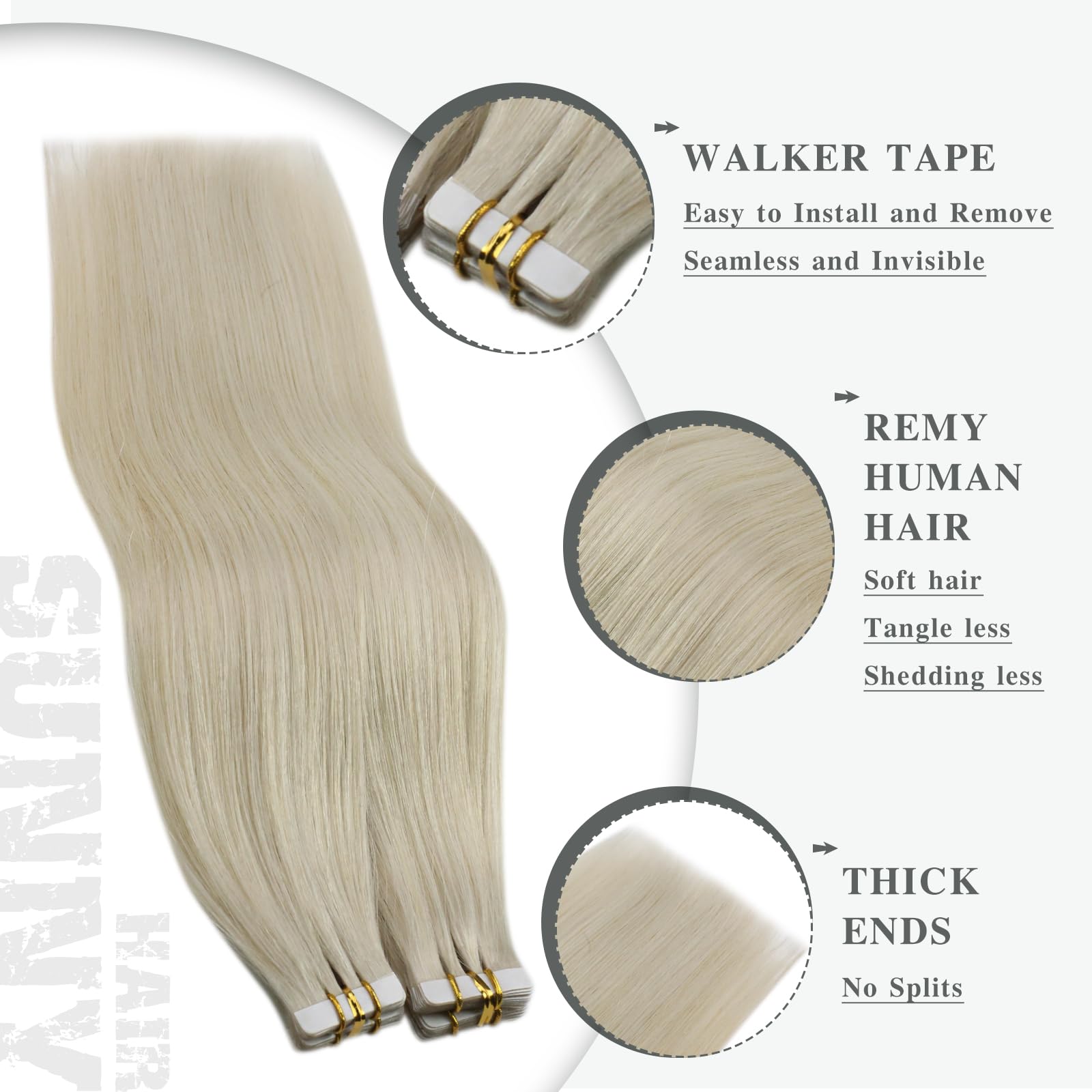 Ve Sunny 24 Inch Platinum Blonde Tape-in Hair Extensions - 20pcs 50g Real Human Hair, Invisible & Long Straight Extensions for Volume & Length - Perfect for Parties, Weddings & Daily Styling