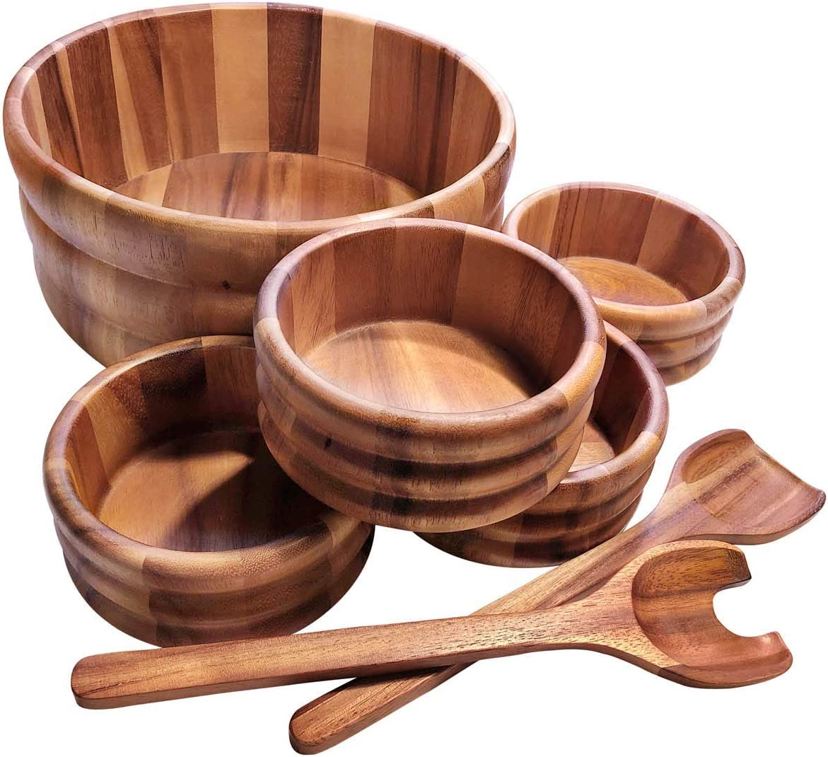 7-Piece Extra Large Wooden Salad Bowl Set with 4 Individual Bowls & 2 Serving Utensils - Perfect for Family Dinners, Picnics, and Entertaining Guests
