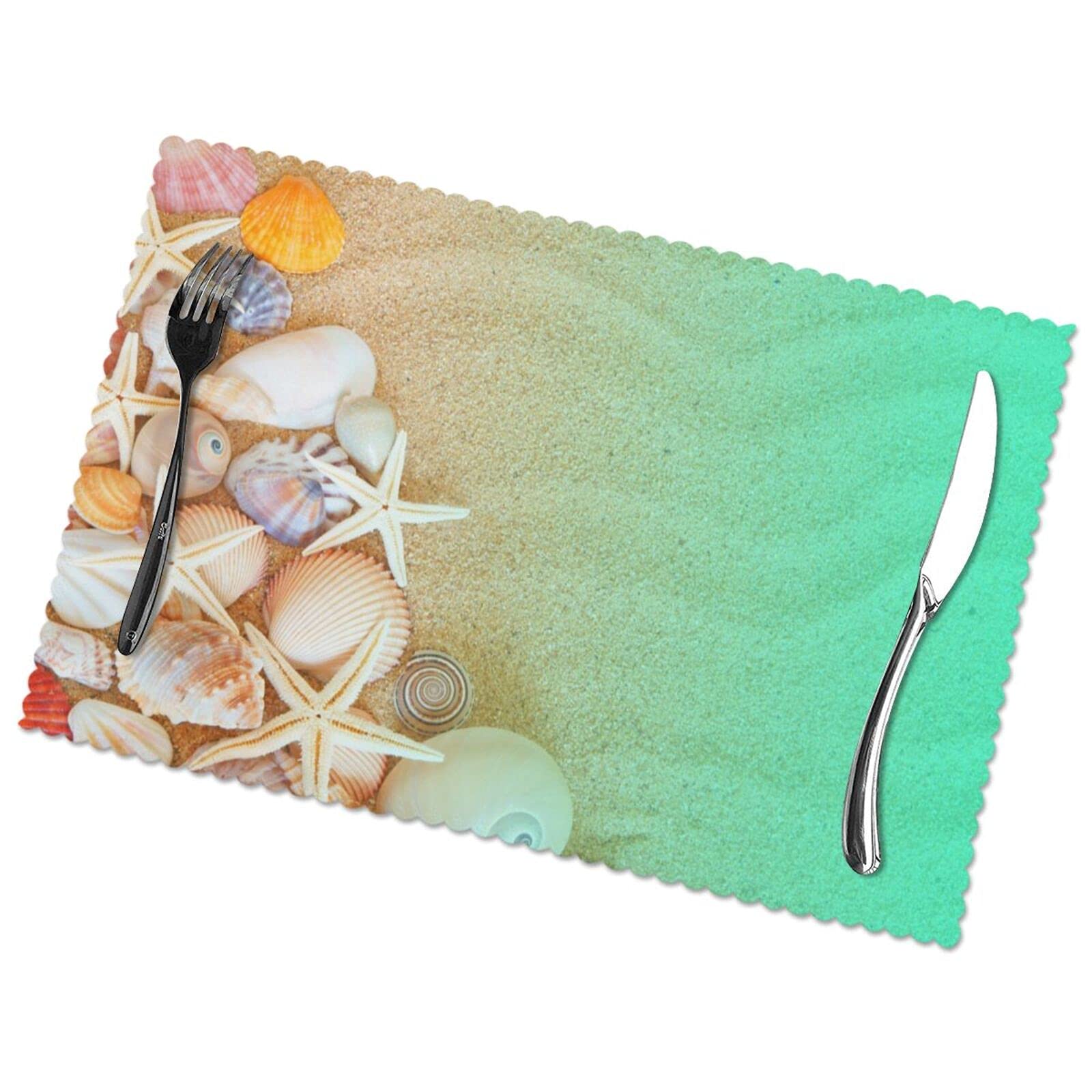 6-Pack Washable Non-Slip Seashell & Starfish Placemats 12x18 Inch - Coastal Beach Theme Dining Table Mats for Kitchen Decor, Indoor/Outdoor Use - Perfect for Beach House, Summer Parties & Coastal-Themed Weddings