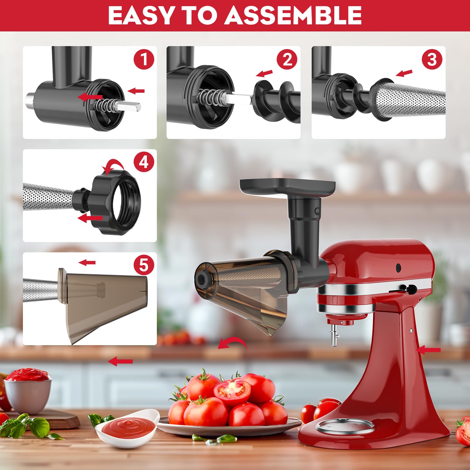 HOZODO KitchenAid Stand Mixer Fruit & Vegetable Strainer Attachment with Food Grinder, Sausage Stuffer Tubes & Juicer Auger - Perfect for Homemade Jams, Baby Food & Fresh Juices