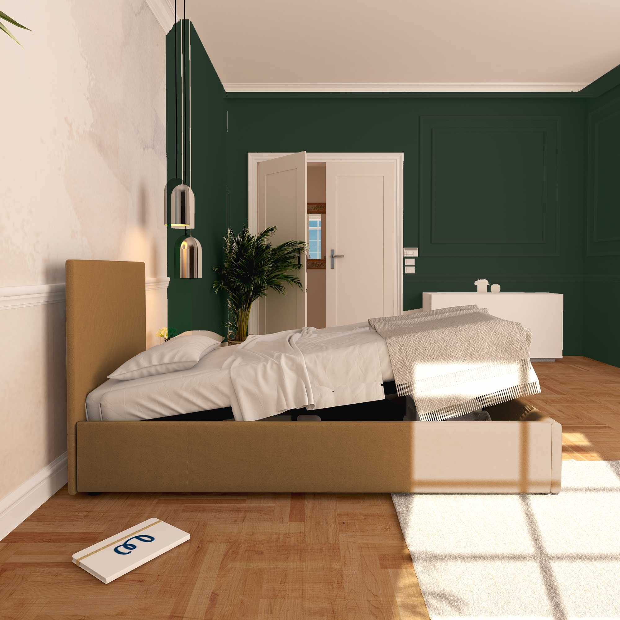 Baldiflex Rossano Single Bed Frame with Storage, Synthetic Leather Upholstery, Slatted Base for Single Mattress, 90 x 200 cm, Elegant Headboard, Light Brown - Perfect for Small Bedrooms, Guest Rooms & Studio Apartments
